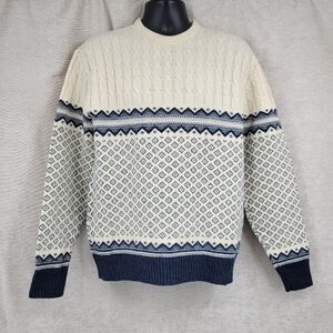 Lord Jeff Vintage 70s Cable Knit Fair Isle Nordic Pattern White Blue Crewneck